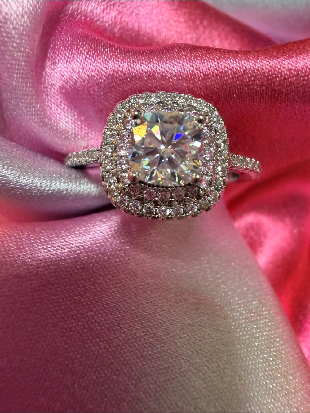 New Moissanite Ring Cushion with shimmering Double Halo and Pave’ Band - Picture 7 of 9